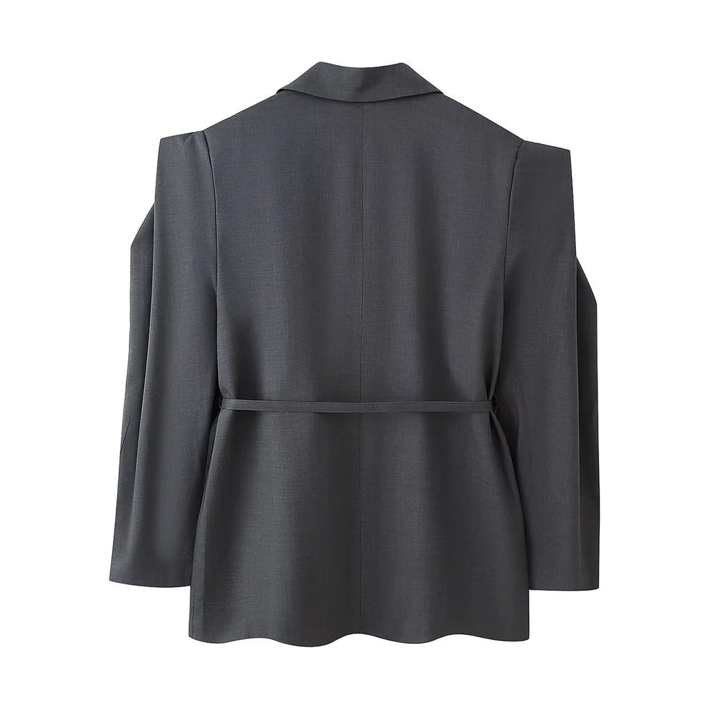Women's Elegant Oversized Blazer Jacket with Belt and Shoulder Pads