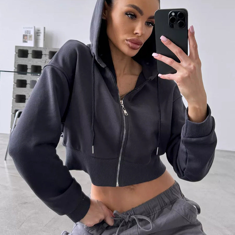Women's Cropped Hoodie with Zipper and Casual Fit