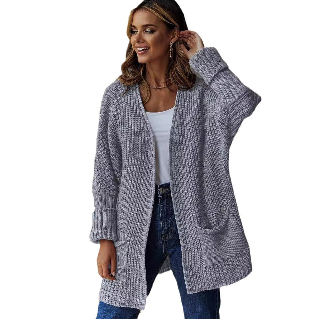 Women's Large Knit Cardigan with Ribbed Design and Pockets