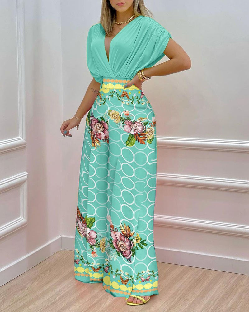 Women's Blouse Set with Wide-Leg Pants and Floral Print