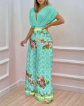 Women's Blouse Set with Wide-Leg Pants and Floral Print