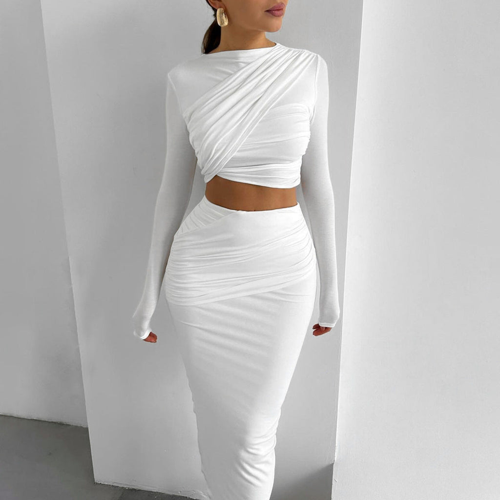 Women's Elegant Wrap Top and Maxi Skirt Set with Long Sleeves
