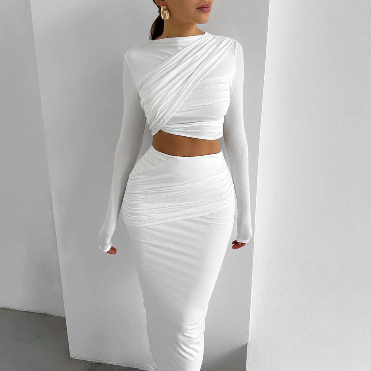 Women's Elegant Wrap Top and Maxi Skirt Set with Long Sleeves