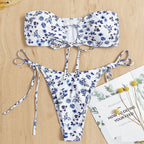 Women's Bandeau Bikini with Floral Details and Adjustable Straps