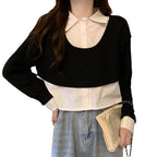 Women's Cropped Knit Sweater with Integrated Shirt