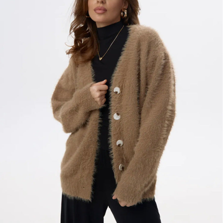 Women's Fluffy Cardigan with Pearl Buttons and Loose Fit