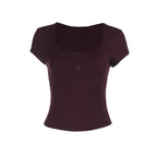 Women's Fitted Short-Sleeve Shirt with Deep Round Neck and Button Placket