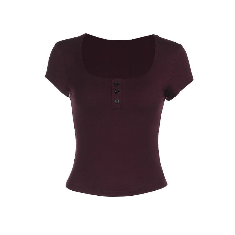 Women's Fitted Short-Sleeve Shirt with Deep Round Neck and Button Placket