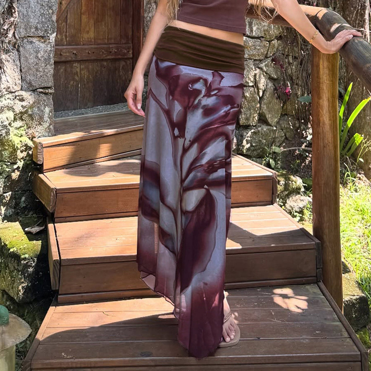 Floral Pattern Maxi Skirt with Elastic Waistband