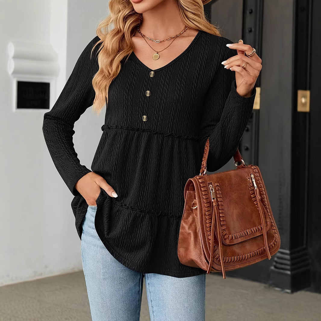 Women's Sleeveless V-Neck Shirt with Button Details and Voluminous Hem