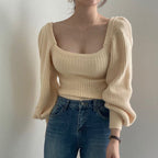 Women's Cropped Sweater with Voluminous Sleeves and Ribbed Texture