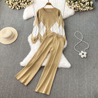 Women's Elegant Diamond Pattern Wide-Leg Knit Loungewear Set