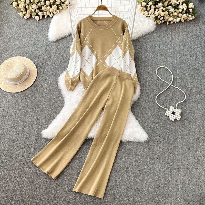 Women's Elegant Diamond Pattern Wide-Leg Knit Loungewear Set