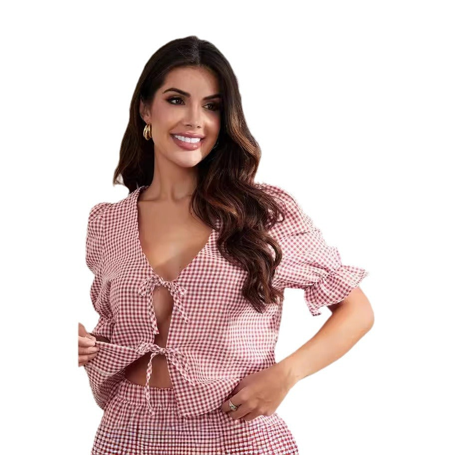 Women's Blouse with Ruffle Details and Tie Front