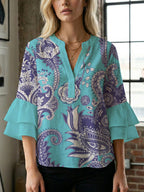 Women's Floral Top with Voluminous Ruffled Sleeves