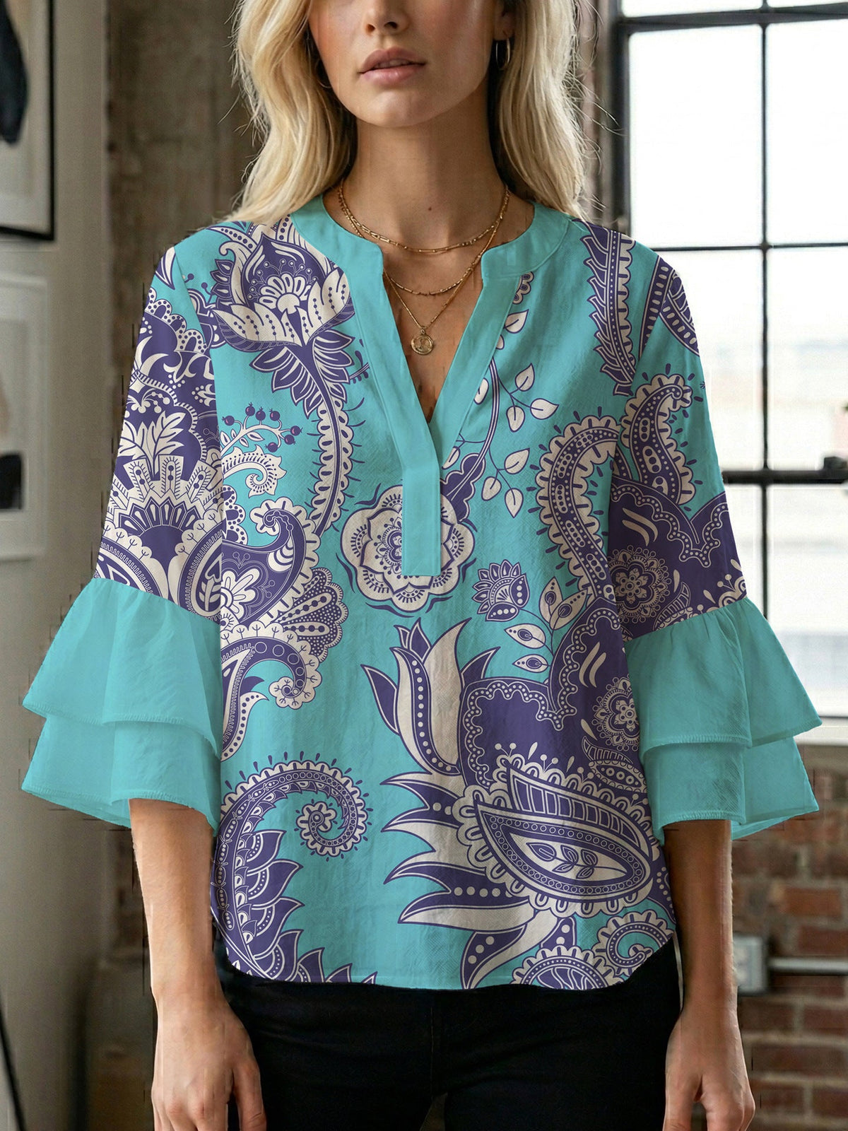 Women's Floral Top with Voluminous Ruffled Sleeves