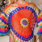 Women's Crochet Beach Cover-Up with Asymmetric Hem and Colorful Pattern