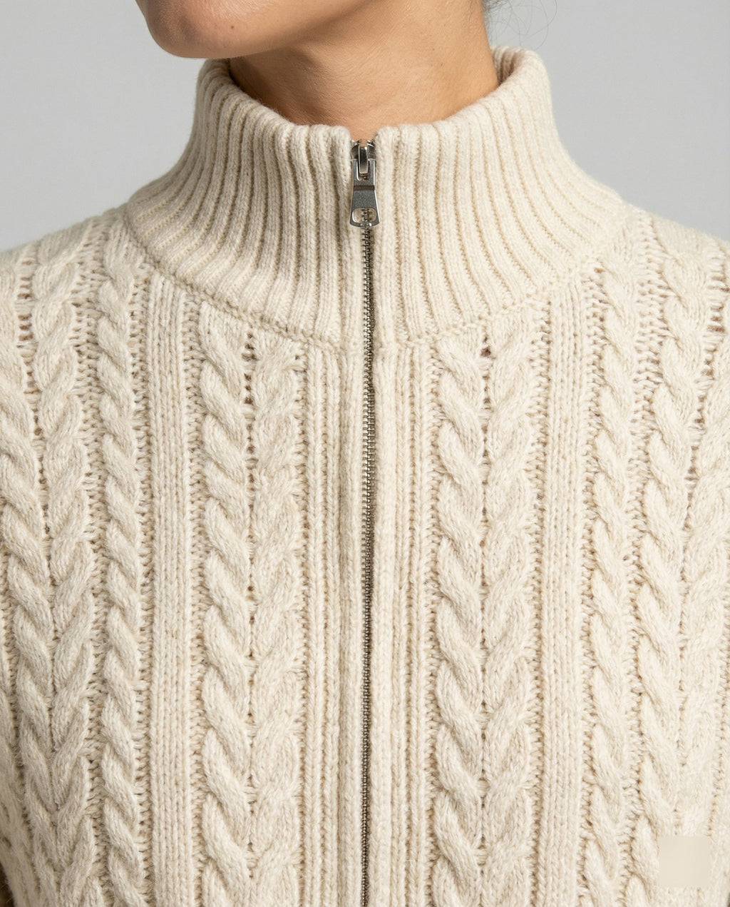 Cropped Cable Knit Blouson with Stand-Up Collar