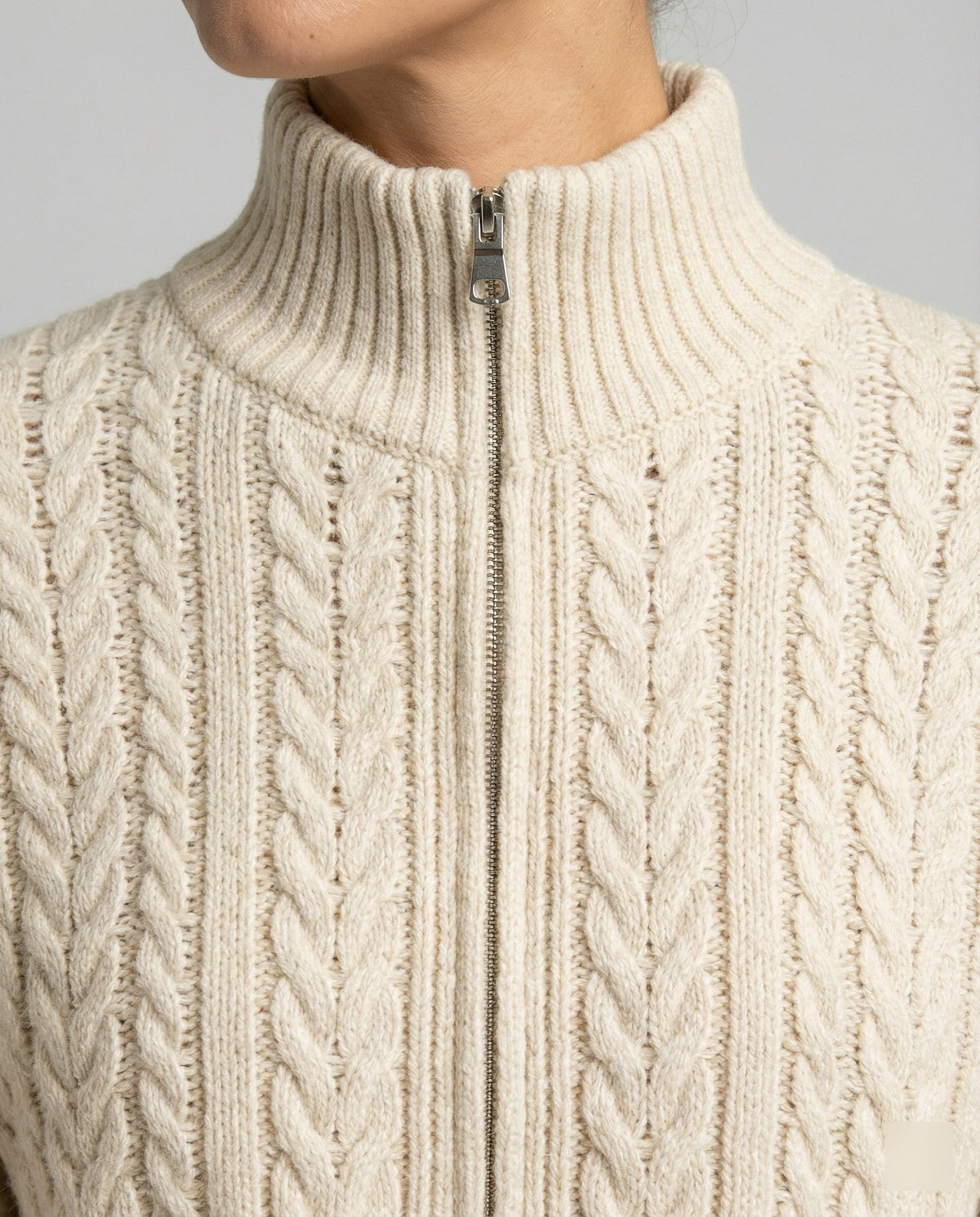 Cropped Cable Knit Blouson with Stand-Up Collar