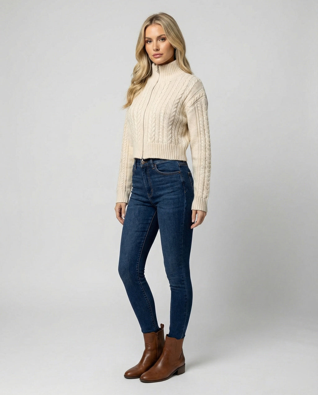 Cropped Cable Knit Blouson with Stand-Up Collar