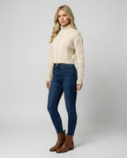 Cropped Cable Knit Blouson with Stand-Up Collar
