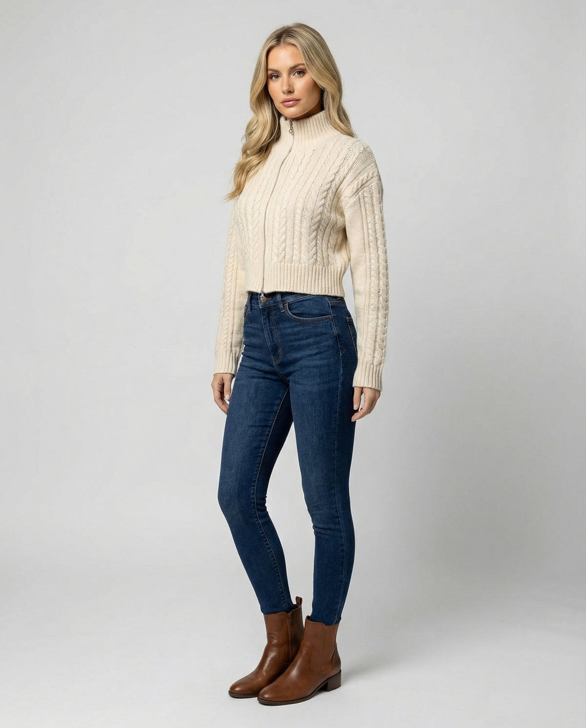 Cropped Cable Knit Blouson with Stand-Up Collar