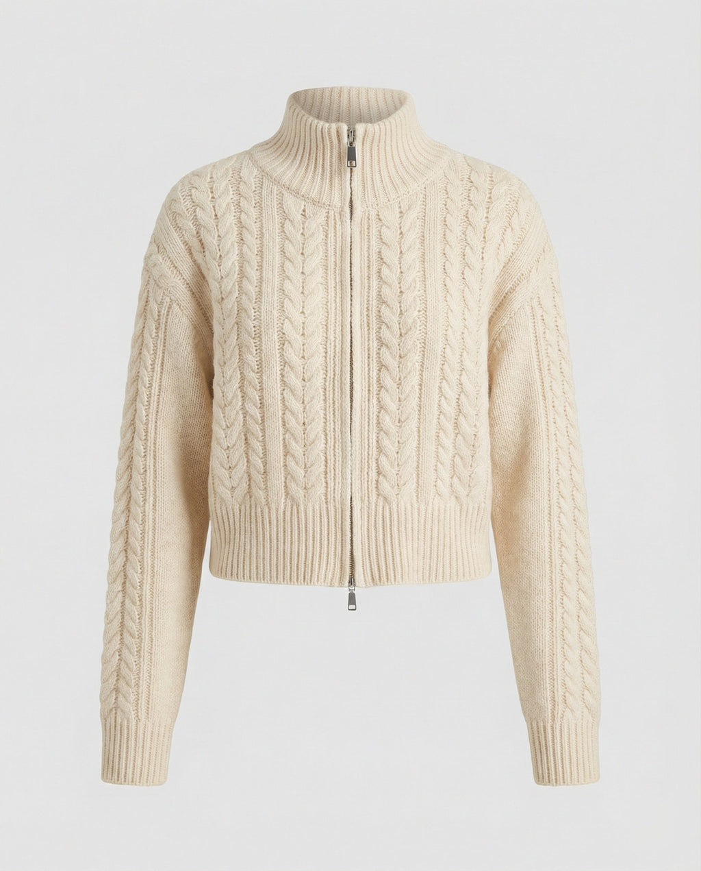 Cropped Cable Knit Blouson with Stand-Up Collar
