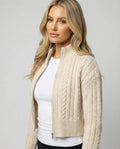 Cropped Cable Knit Blouson with Stand-Up Collar