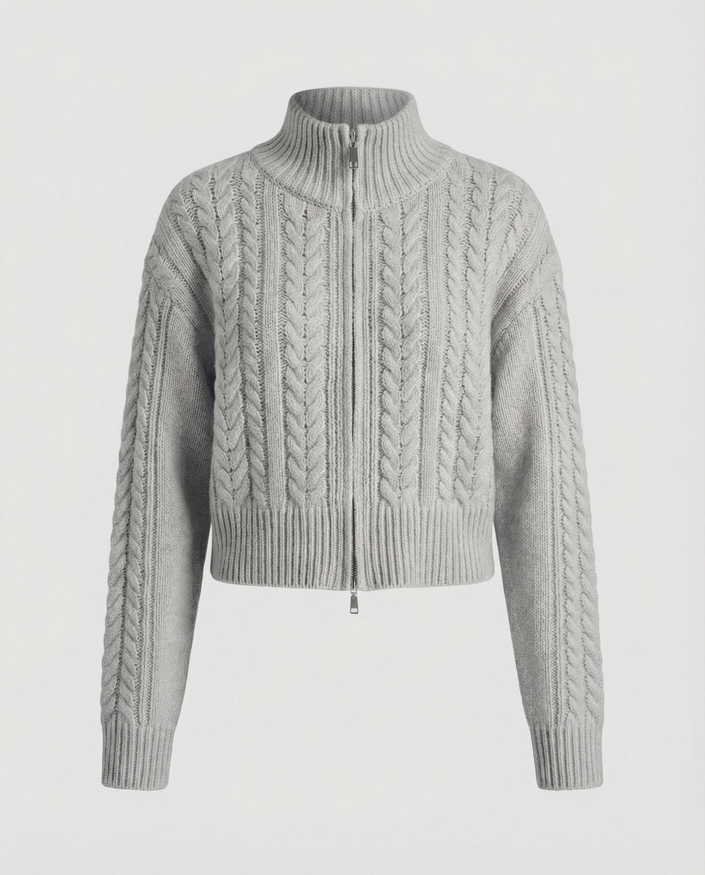 Cropped Cable Knit Blouson with Stand-Up Collar