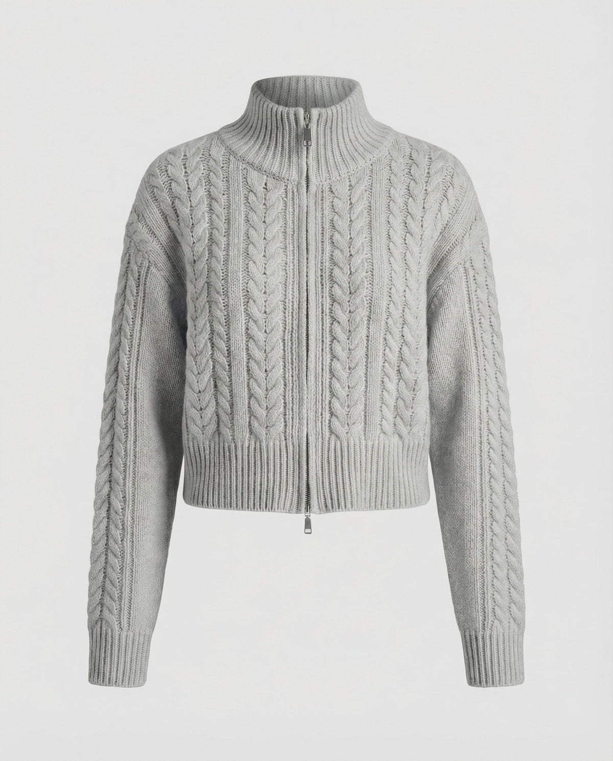 Cropped Cable Knit Blouson with Stand-Up Collar