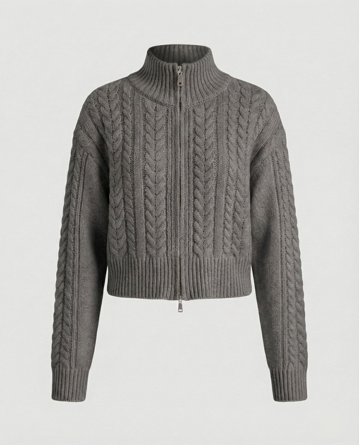 Cropped Cable Knit Blouson with Stand-Up Collar