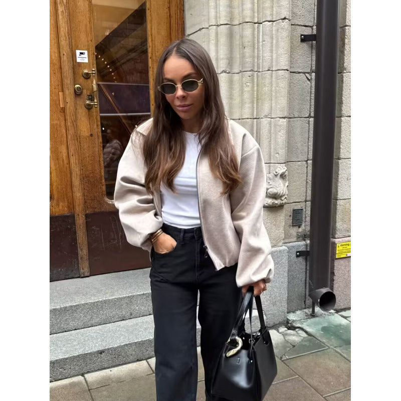 Cropped Quilted Jacket with Elastic Cuffs and Pockets