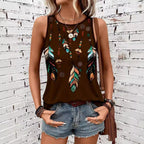 Sleeveless Top with Colorful Feather and Floral Print