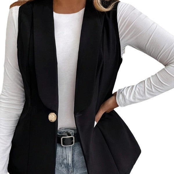 Women's Elegant Sleeveless Blazer Jacket with Decorative Button