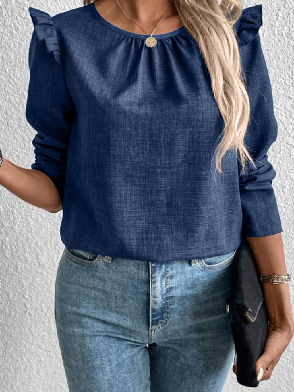 Elegant Blouse with Ruffle Details and Round Neckline
