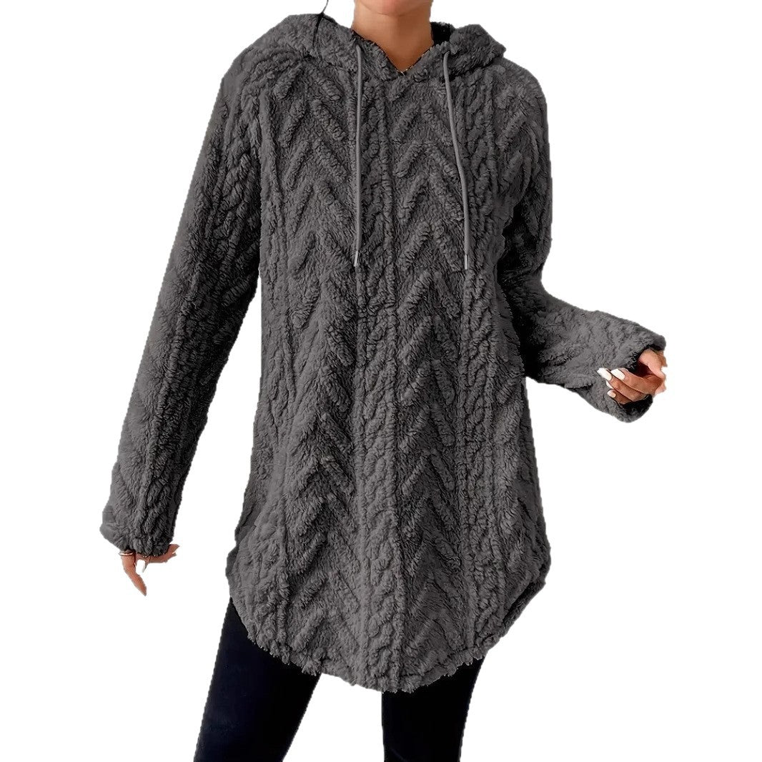 Women's Fluffy Hooded Sweater with Cable Knit Design