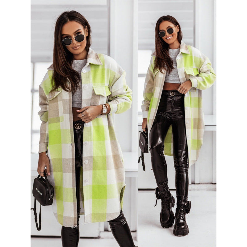 Women's Plaid Button-Front Coat with Rounded Hem