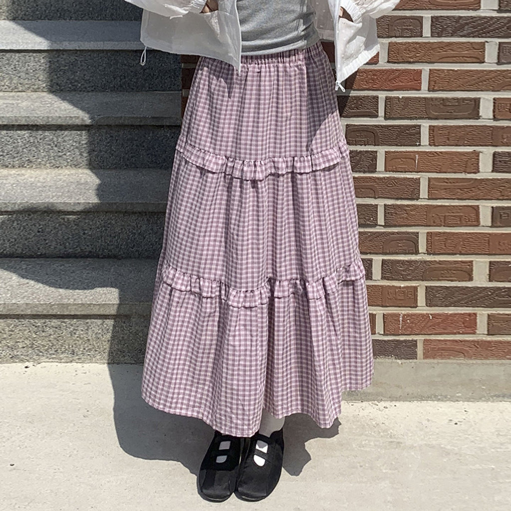 Women's Maxi Skirt with Ruffle and Plaid Pattern