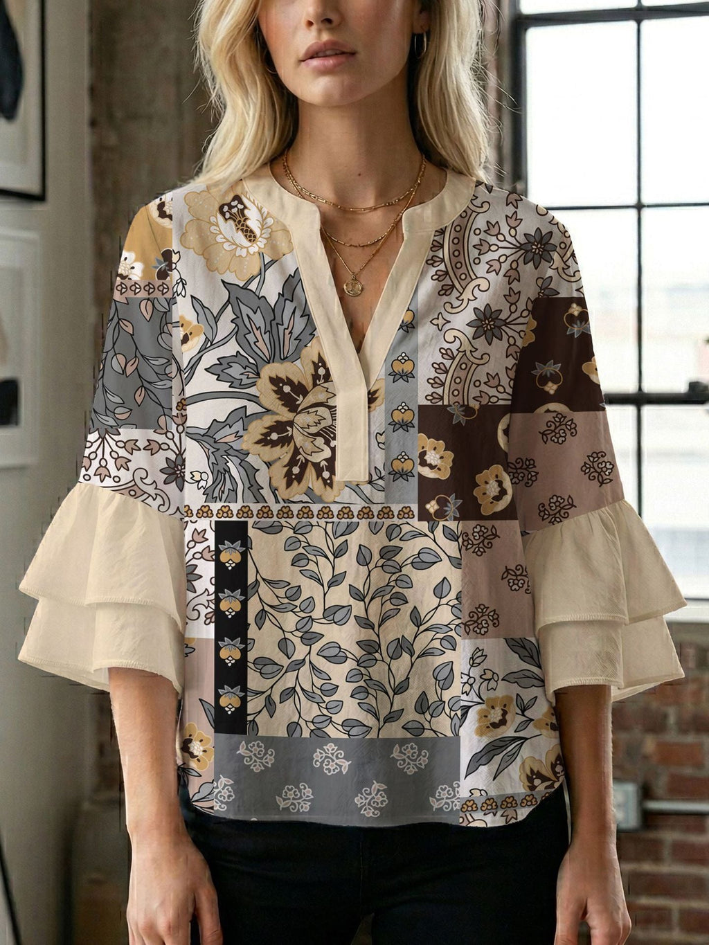Women's Blouse Shirt with Voluminous Sleeves and Creative Print Design