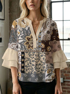 Women's Blouse Shirt with Voluminous Sleeves and Creative Print Design