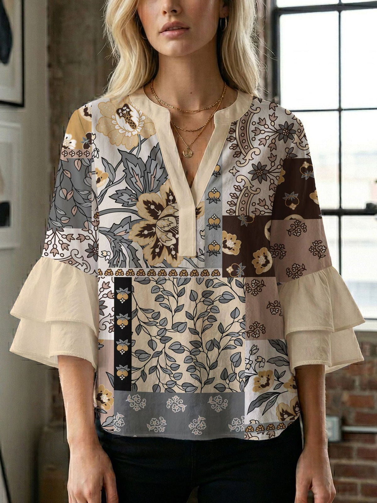 Women's Blouse Shirt with Voluminous Sleeves and Creative Print Design