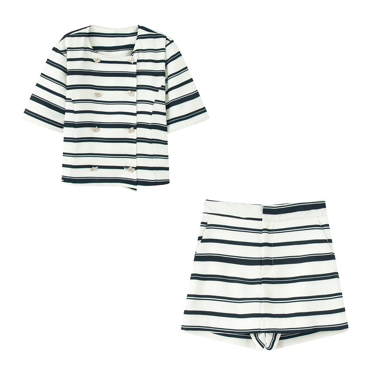 Women's Striped Blazer and Shorts Set with Button Details