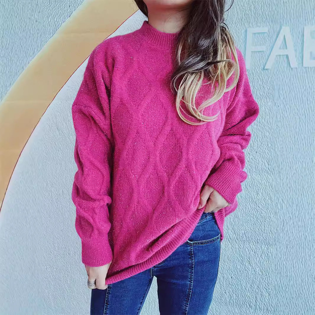 Women's Chunky Knit Sweater with Diamond Pattern and Voluminous Sleeves
