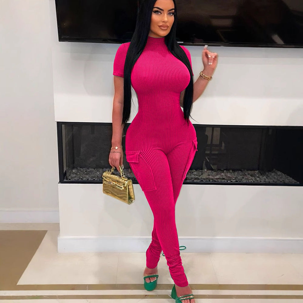 Women's Form-Fitting Jumpsuit with High Collar and Side Pockets