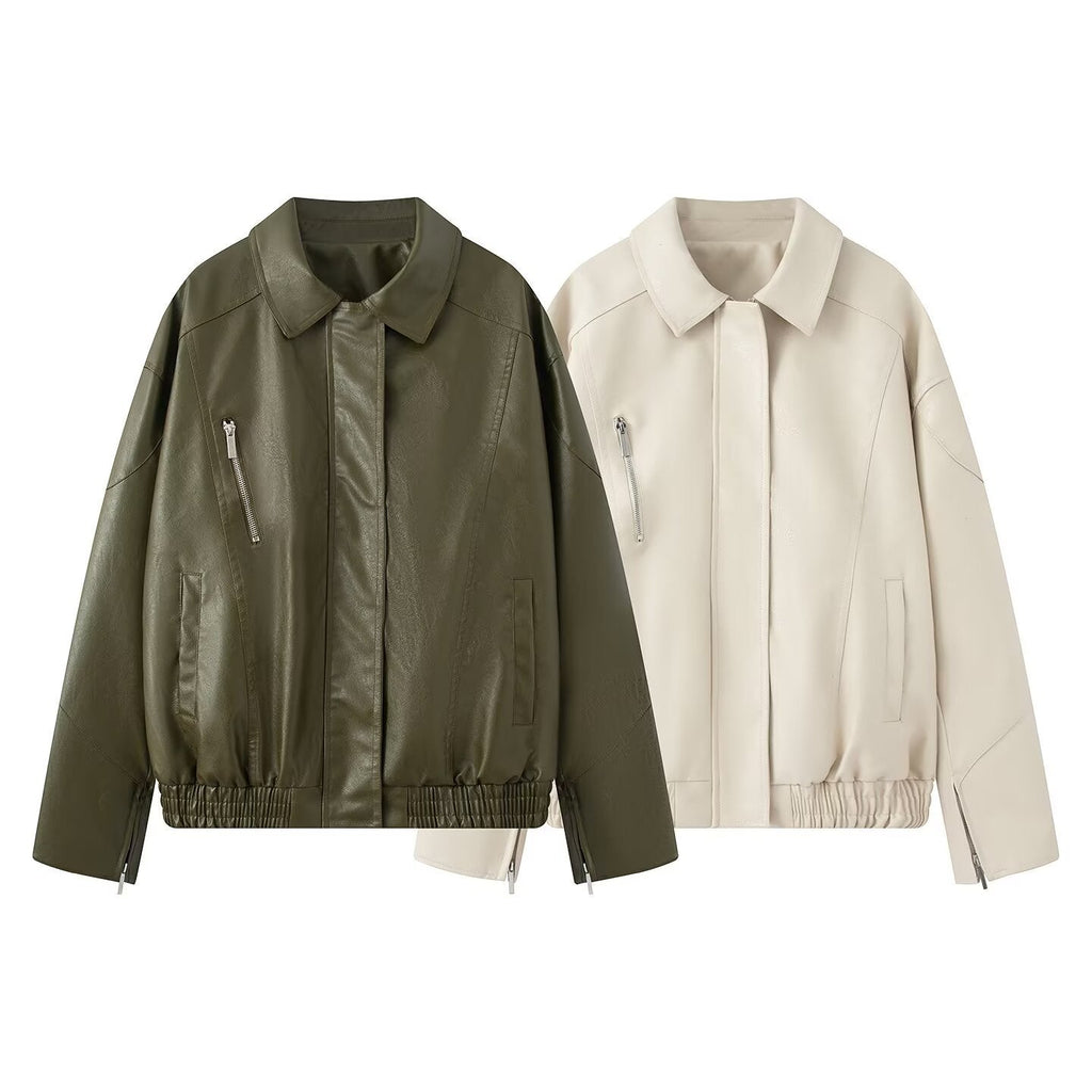 Women's Elegant Faux Leather Jacket with Practical Zipper Pockets