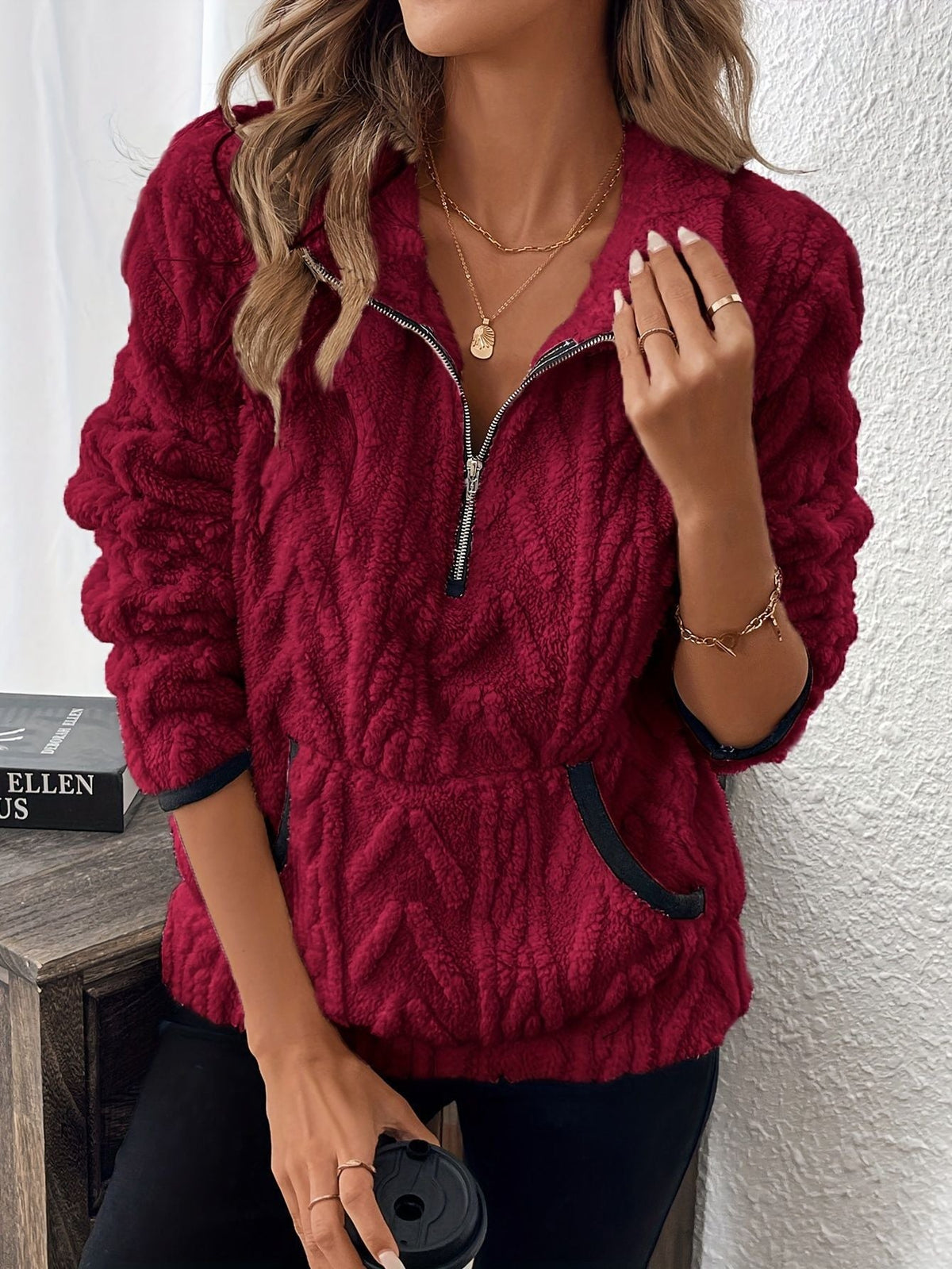 Women's Fluffy Teddy Sweater with High Collar and Pockets