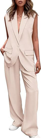 Women's Sleeveless Blazer Set with Wide-Leg Trousers
