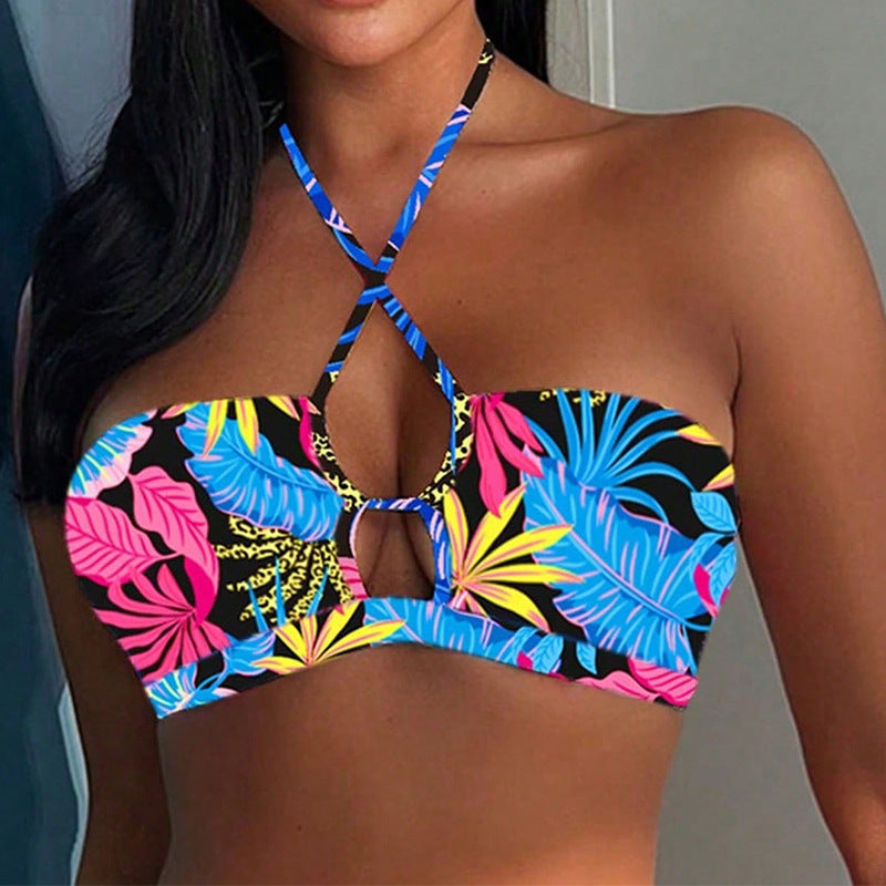Women's Bandeau Bikini with Creative Straps and Floral Design