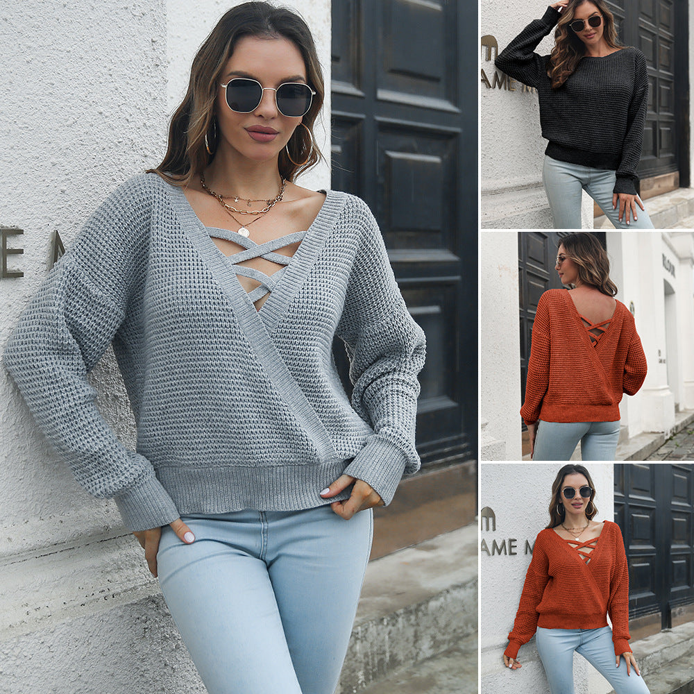 Women's Casual Knit Sweater with V-Neck and Cross Details