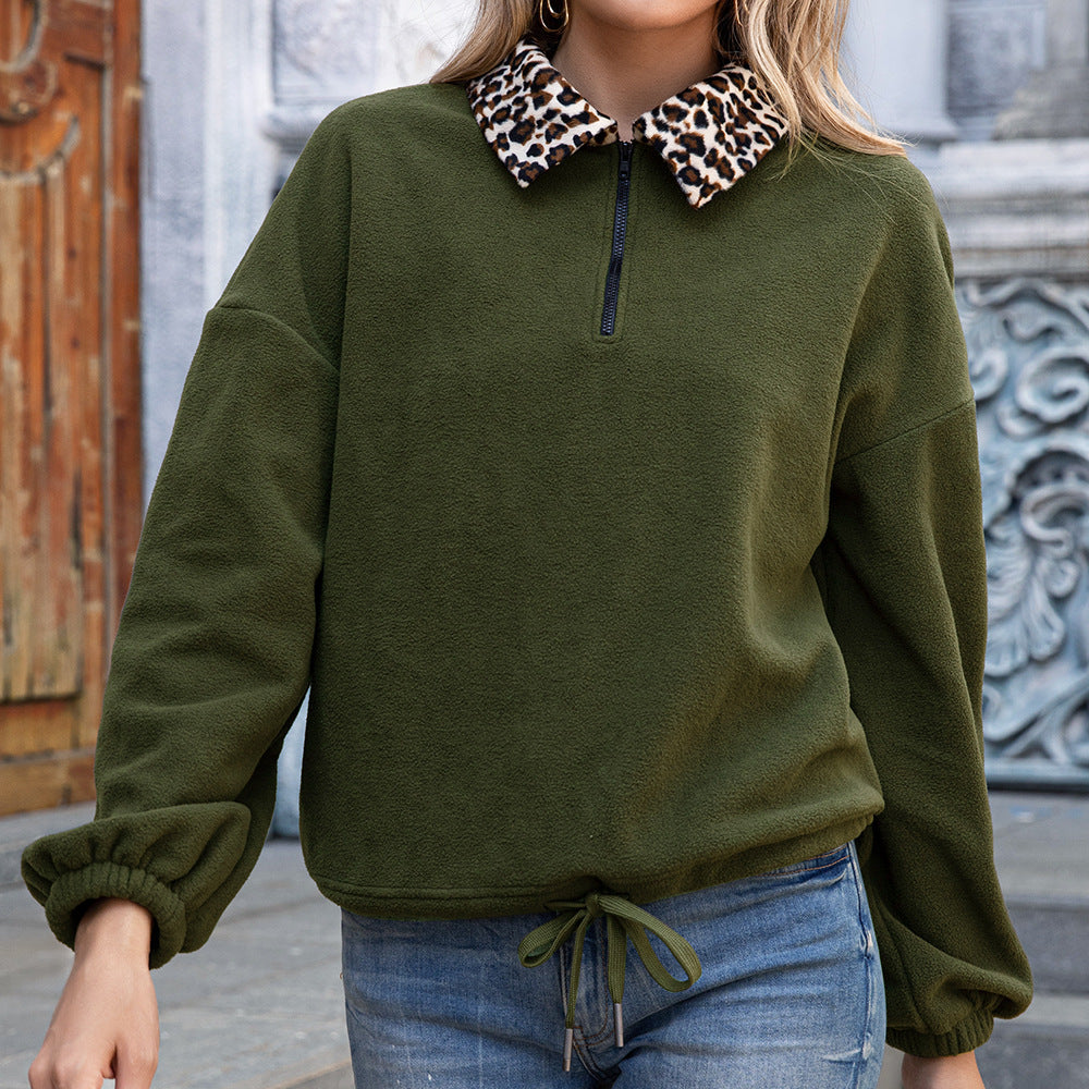 Women's Fleece Sweater with Animal Print Collar